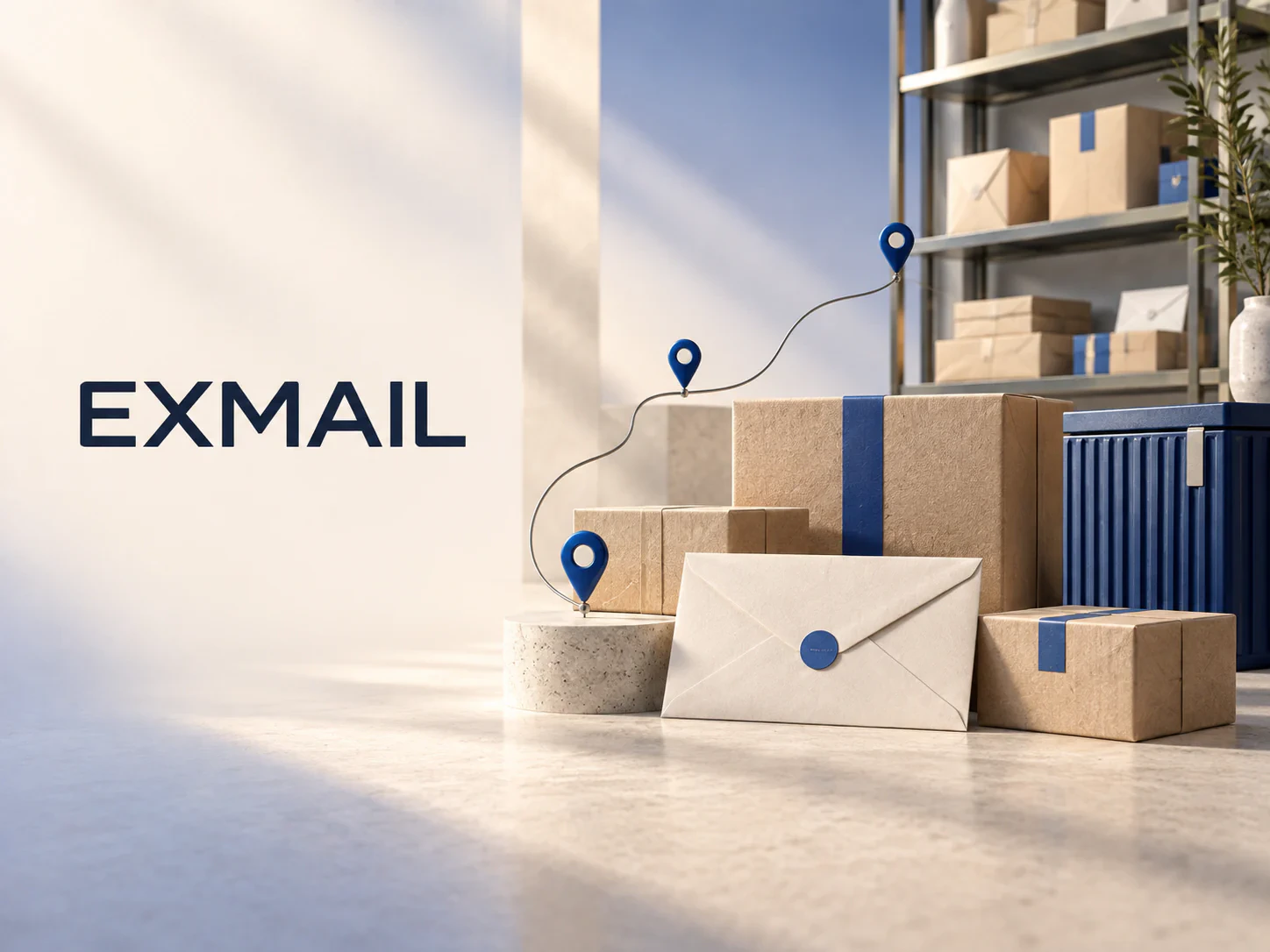 Обложка кейса EXMAIL с посылками, конвертом и маршрутом доставки
